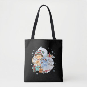 Watercolor Cat On Presents Christmas Tote Bag
