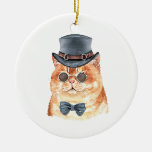 Watercolor Cat Orange Steampunk Christmas Ceramic Ornament
