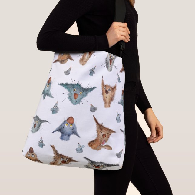 Watercolor Cat Pattern Crossbody Bag (Close Up)