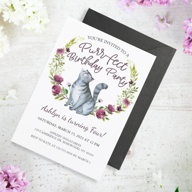 Watercolor Cat Purr-fect Birthday Party Invitation (Creator Uploaded)