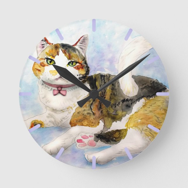 Watercolor Cat Round Clock (Front)