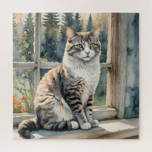 Watercolor Cat Sitting on Window Ledge Puzzle