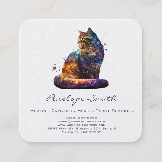 Watercolor Cat Square Business Card (Back)