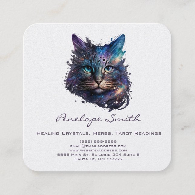 Watercolor Cat Square Business Card (Back)