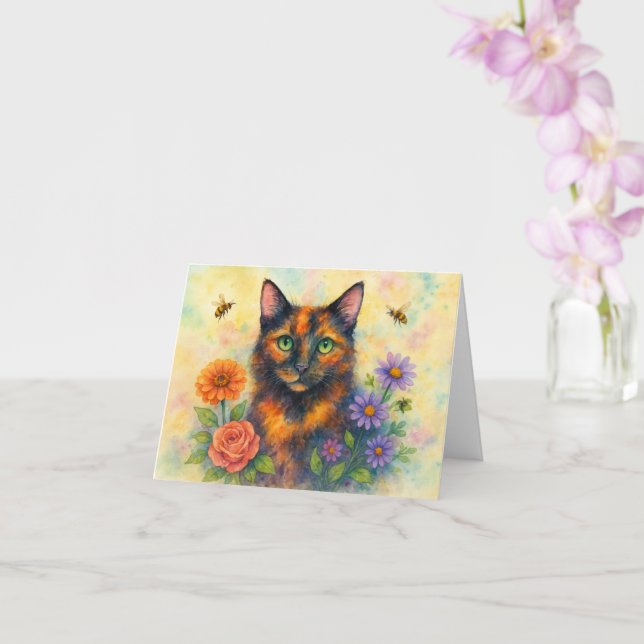 Watercolor cat with flowers card (Orchid)