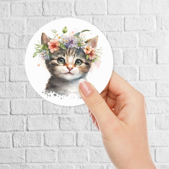 Watercolor Cat with flowers crown Classic Round Sticker (Creator Uploaded)