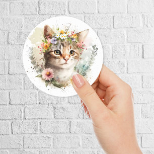Watercolor Cat with flowers crown Classic Round Sticker