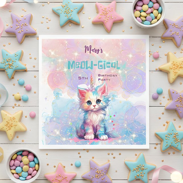 Watercolor Caticorn Meow-Gical Birthday Napkin (Creator Uploaded)