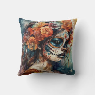 Watercolor Catrina Dia de los Muertos Sugar Skull Cushion