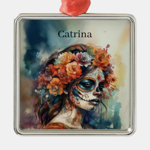 Watercolor Catrina Dia de los Muertos Sugar Skull Metal Ornament