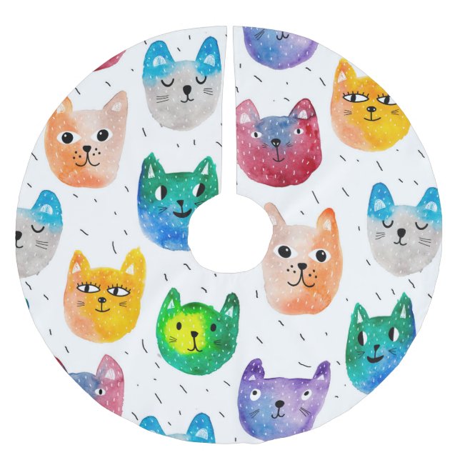 Watercolor cats and friends brushed polyester tree skirt (Front)