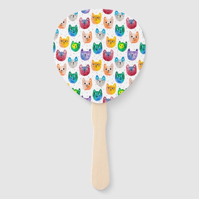 Watercolor cats and friends hand fan (Front)