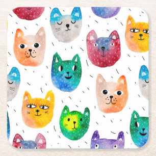 Watercolor cats and friends square paper coaster