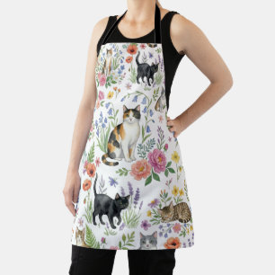 Watercolor Cats and Wildflowers Kitchen Apron