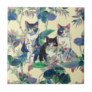 Watercolor Cats in a Garden Ceramic Tile