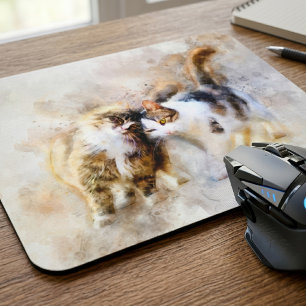 Watercolor Cats Nuzzling in Soft Abstract Art Mouse Pad