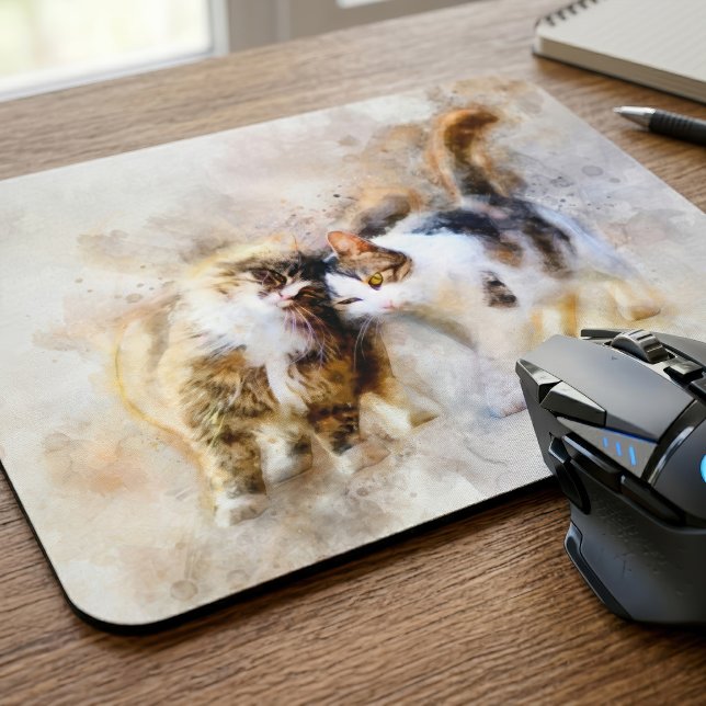 Watercolor Cats Nuzzling in Soft Abstract Art Mouse Pad (Watercolor Cats Nuzzling in Soft Abstract Art. Mouse Pad )
