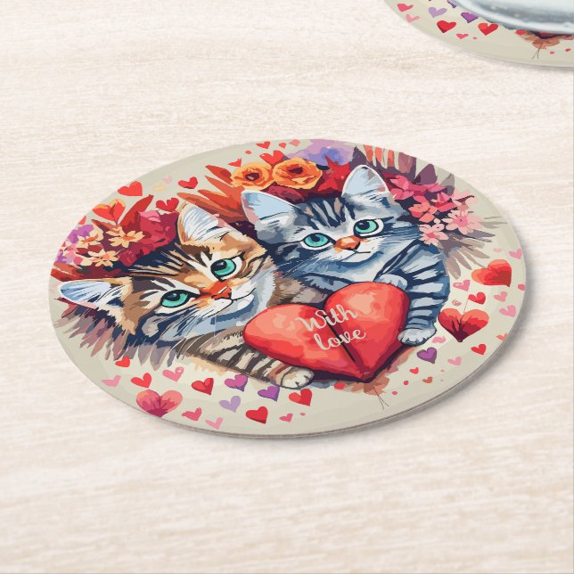 Watercolor cats with heart round paper coaster (Angled)