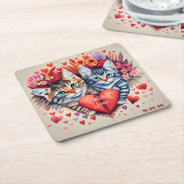 Watercolor cats with heart square paper coaster (Angled)