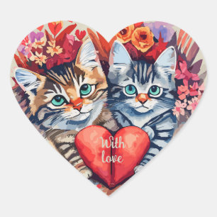 Watercolor cats with heart sticker