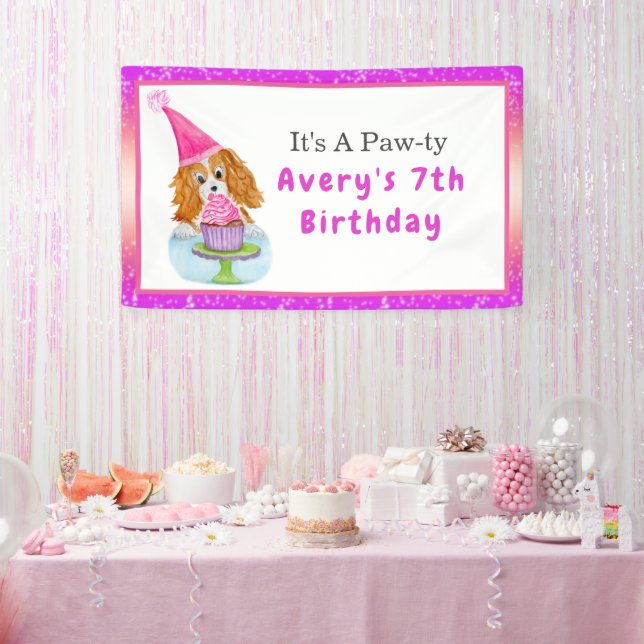 Watercolor Cavalier King Charles Cupcake Birthday  Banner (Party)
