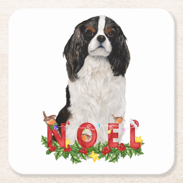 Watercolor Cavalier  King Charles Noel Christmas  Square Paper Coaster (Front)