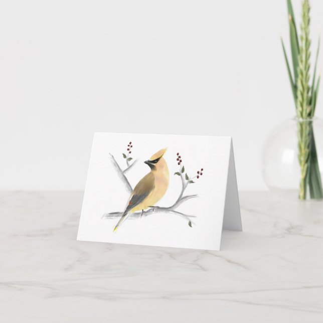 Watercolor Cedar Waxwing Note Card (Front)