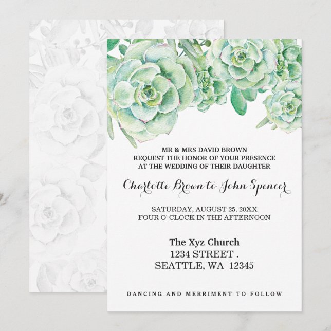 watercolor celadon succulent wedding invitations (Front/Back)