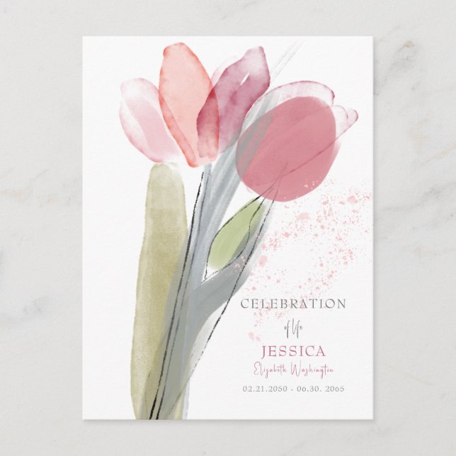 Watercolor Celebration of Life Pink Tulips Postcard (Front)