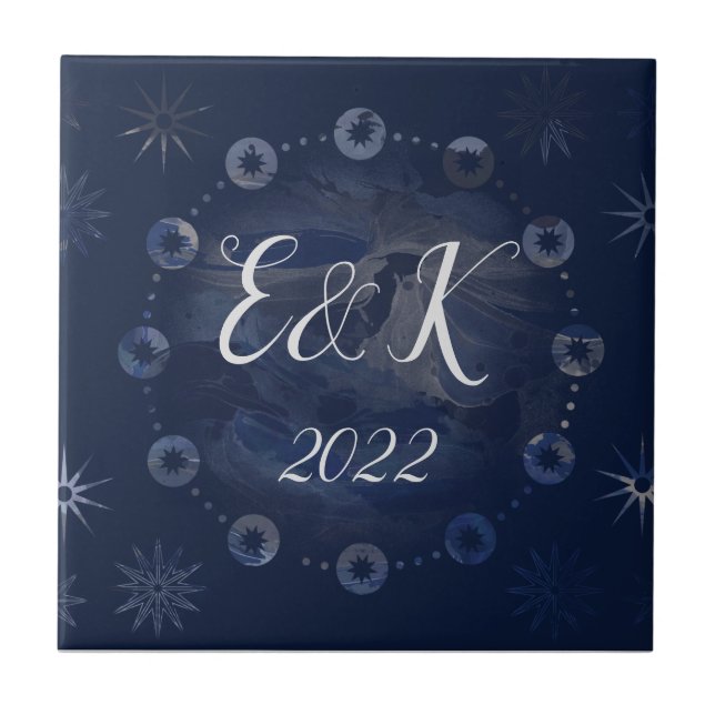 Watercolor Celestial Dark Blue Skies Ceramic Tile (Front)