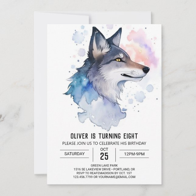 Watercolor Celestial Wolf Birthday Invitation (Front)
