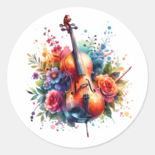 Watercolor Cello and Flowers   Classic Round Sticker