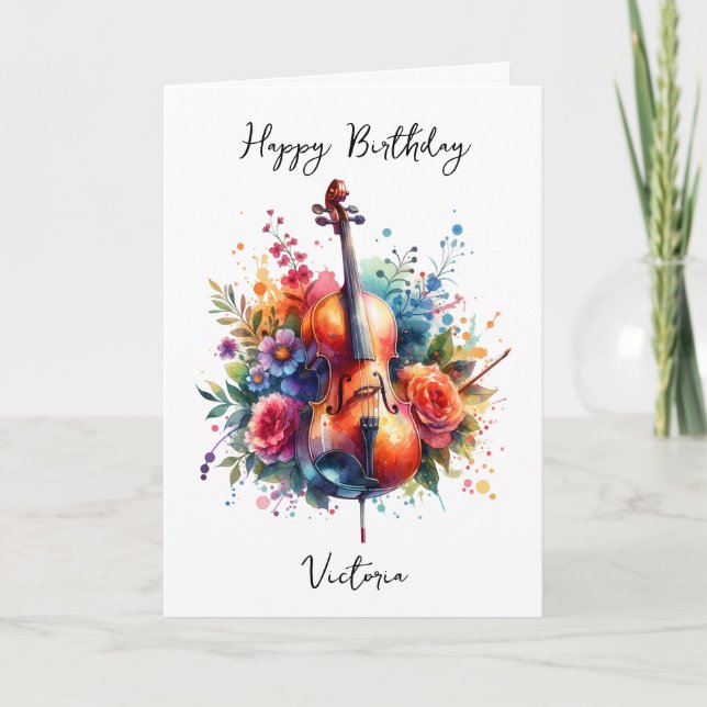 Watercolor Cello and Flowers Personalised Birthday Card (Front)