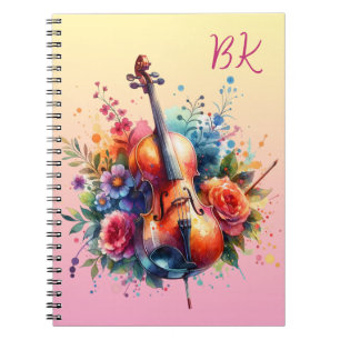 Watercolor Cello and Flowers Personalised Notebook