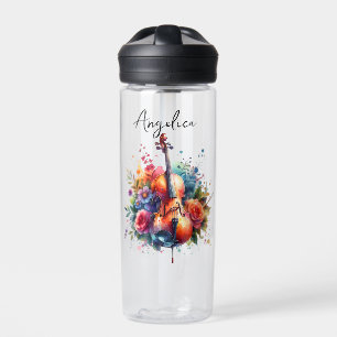 Watercolor Cello and Flowers Personalised Water Bottle