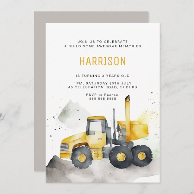 Watercolor Cement Truck Birthday Invitation (Front/Back)
