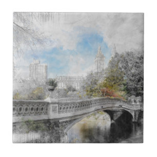 Watercolor Central Park Bridge Wall Decor Ceramic Tile