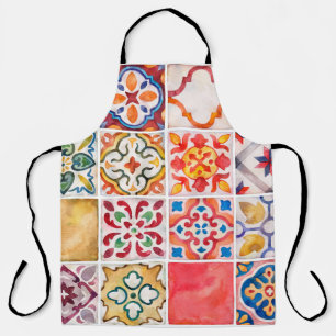 Watercolor ceramic tiles collection. Square vintag Apron