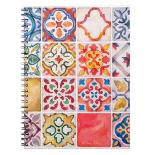 Watercolor ceramic tiles collection. Square vintag Notebook