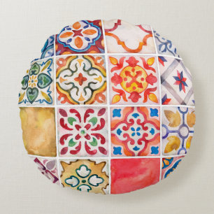 Watercolor ceramic tiles collection. Wintag Square Round Cushion