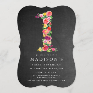 Watercolor Chalkboard Girls 1st Birthday Invite