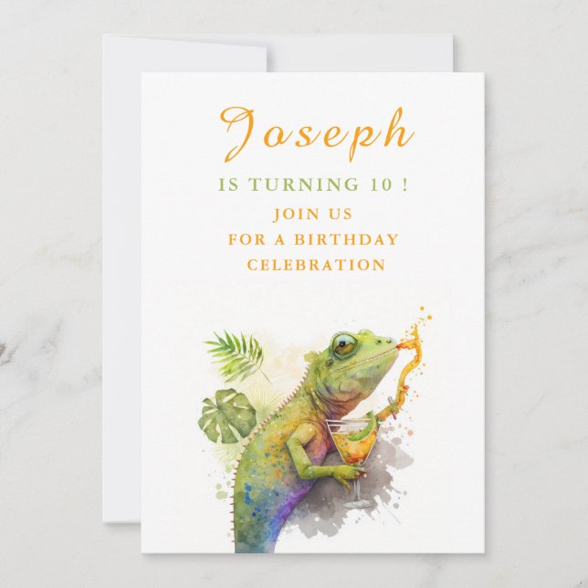 Watercolor Chameleon - Birthday Invitation Card (Front)