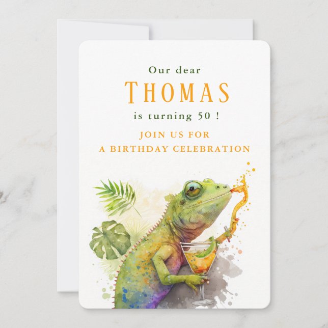 Watercolor Chameleon - Birthday Invitation Card (Front)