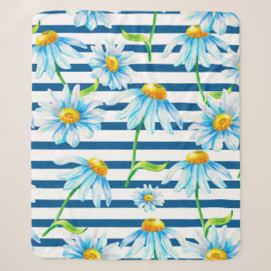 Watercolor chamomile on a white-blue striped backg sherpa blanket