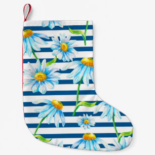 Watercolor chamomile on a white-blue striped backg small christmas stocking