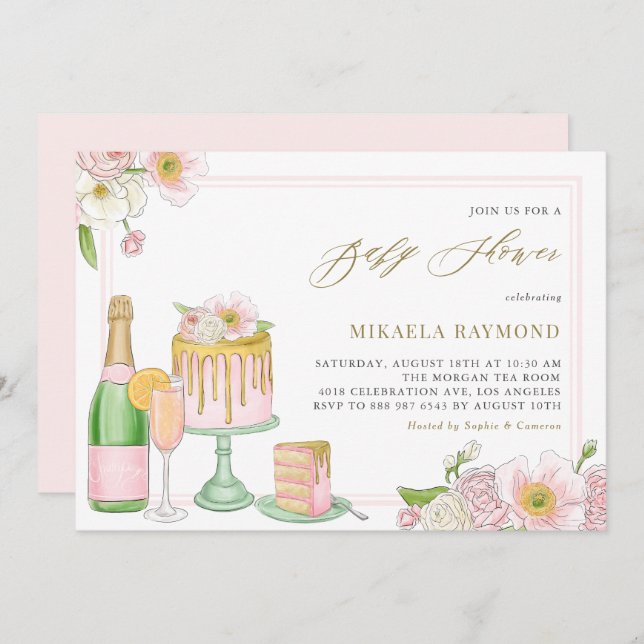 Watercolor Champagne and Cake Floral Baby Shower Invitation (Front/Back)