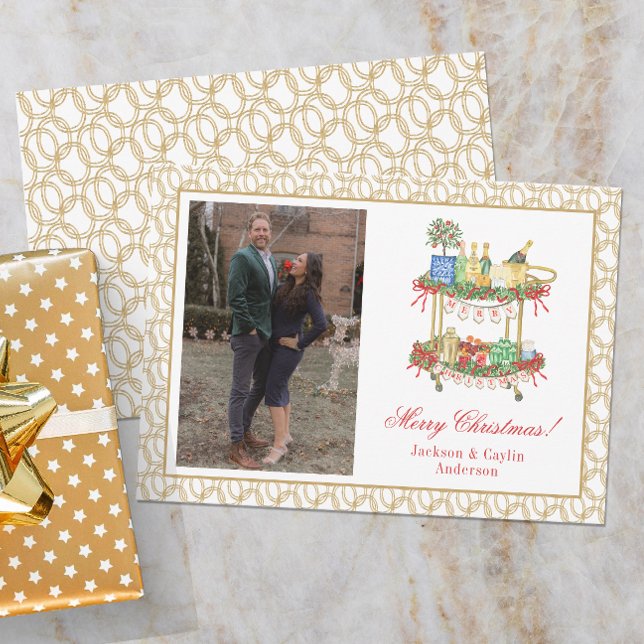 Watercolor Champagne Bar Cart Christmas Photo Holiday Card (Creator Uploaded)