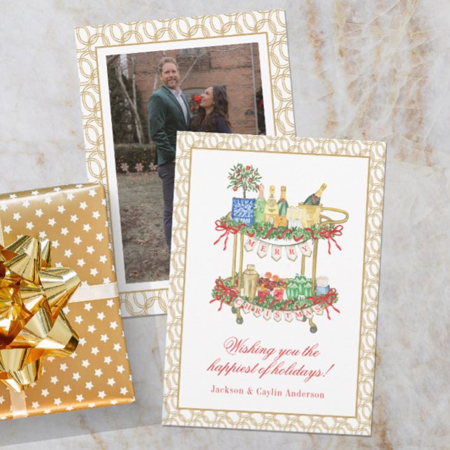 Watercolor Champagne Bar Cart Christmas Photo Holiday Card (Creator Uploaded)