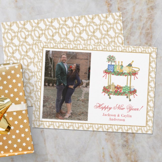 Watercolor Champagne Bar Cart New Year Photo Holiday Card (Creator Uploaded)