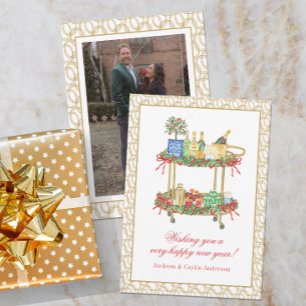 Watercolor Champagne Bar Cart New Year Photo Holiday Card